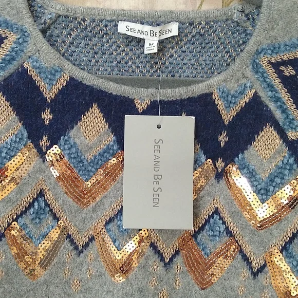 NWT, See & Be Seen Gray and Blue Geometric Sweater - Picture 2 of 6